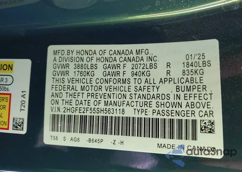 2025 Honda Civic Sport from USA, damaged, VIN 2HGFE2F55SH563118